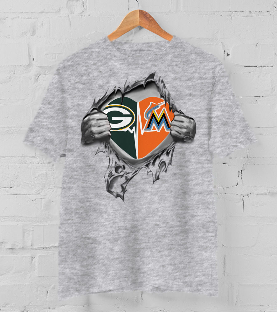 Green Bay Packers Miami Marlins Heart Rip T-Shirt