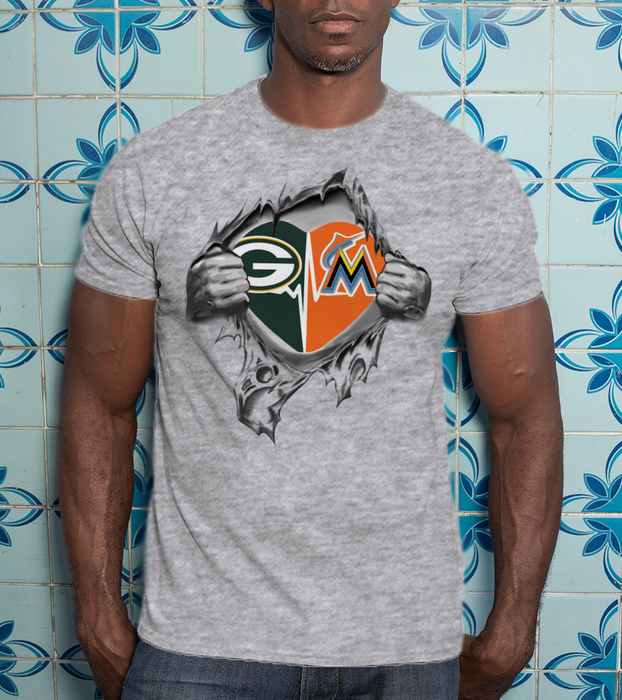 Green Bay Packers Miami Marlins Heart Rip T-Shirt