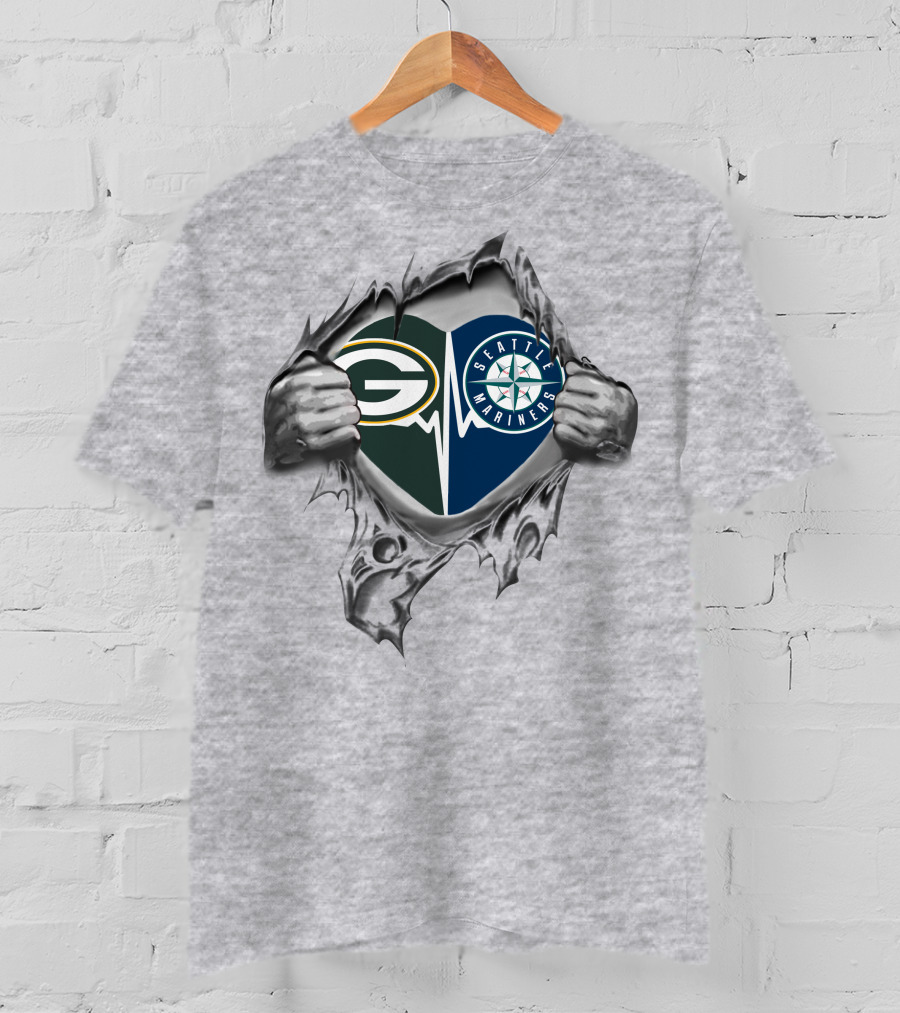 Green Bay Packers Seattle Mariners Heart Torn Fabric T-Shirt