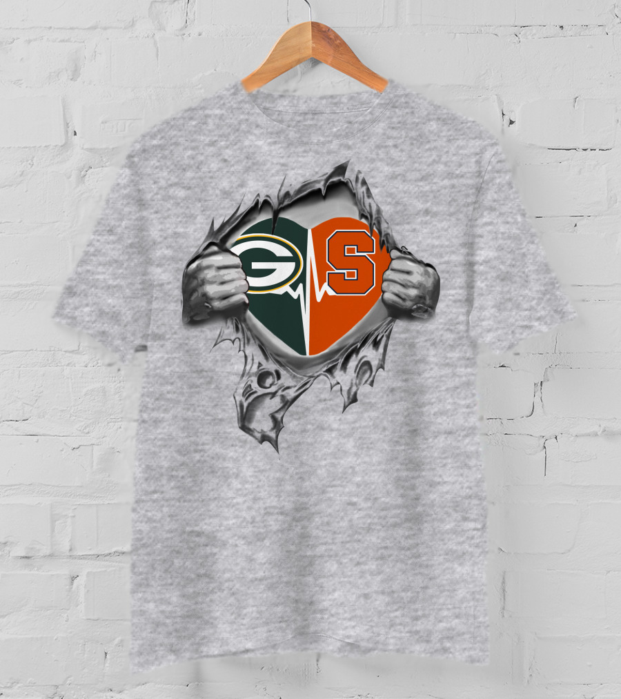 Green Bay Packers Syracuse Orange Heartbeat Logo Peeling Hands T-Shirt