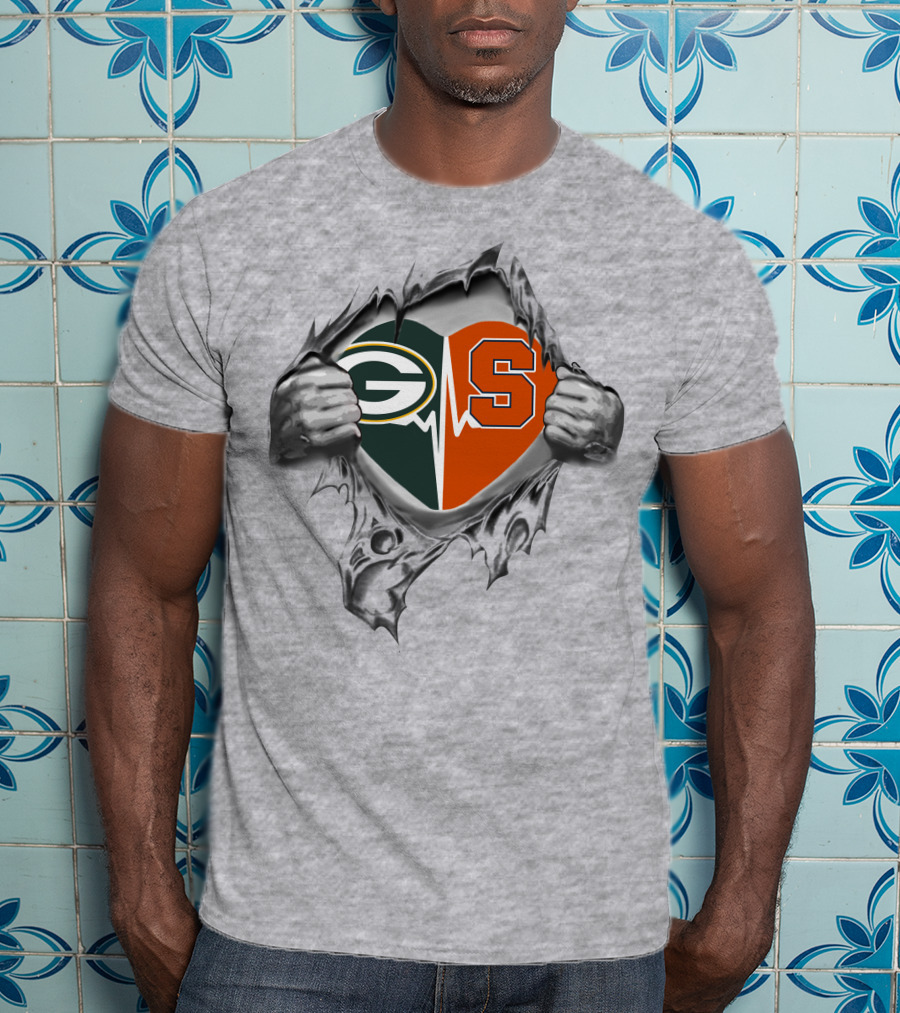 Green Bay Packers Syracuse Orange Heartbeat Logo Peeling Hands T-Shirt