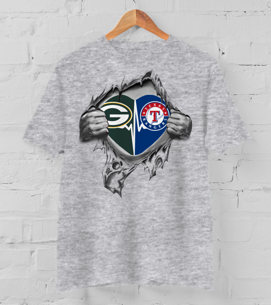 Green Bay Packers And Texas Rangers Heartbeat Logos With Tearing Hands T-Shirt