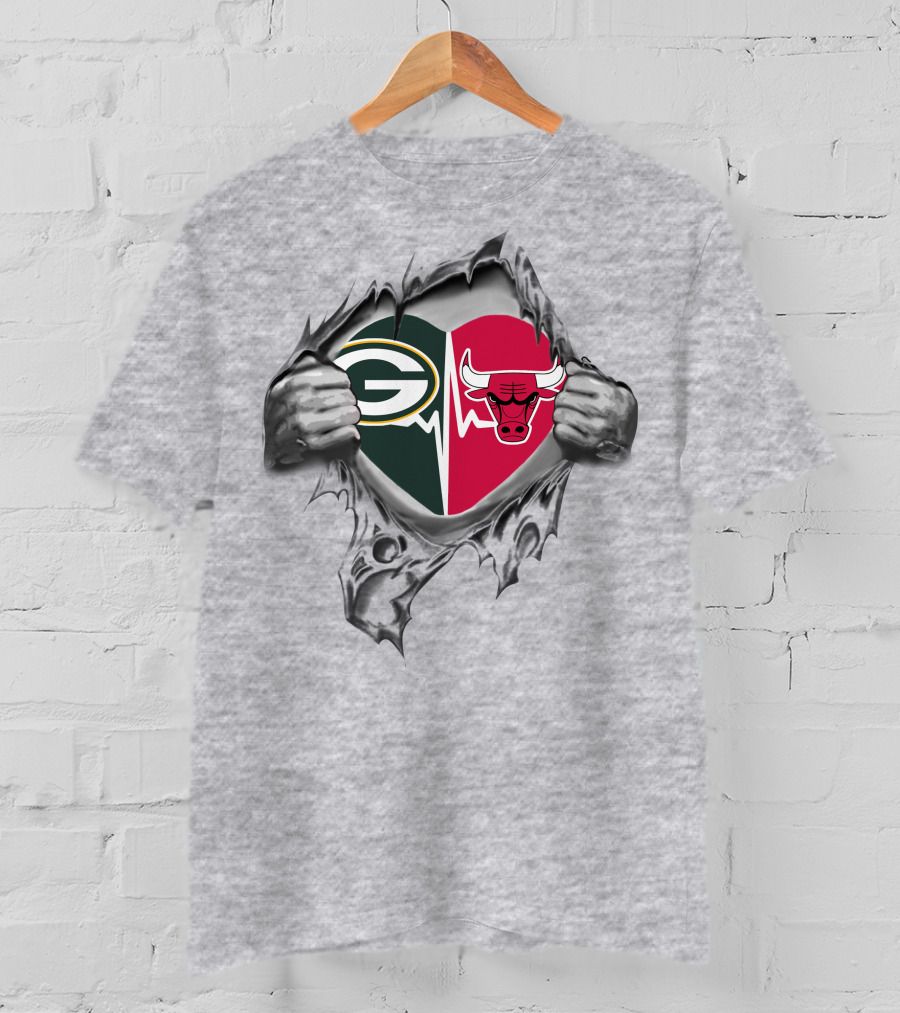 Green Bay Packers Chicago Bulls Heart Logo Fusion T-Shirt