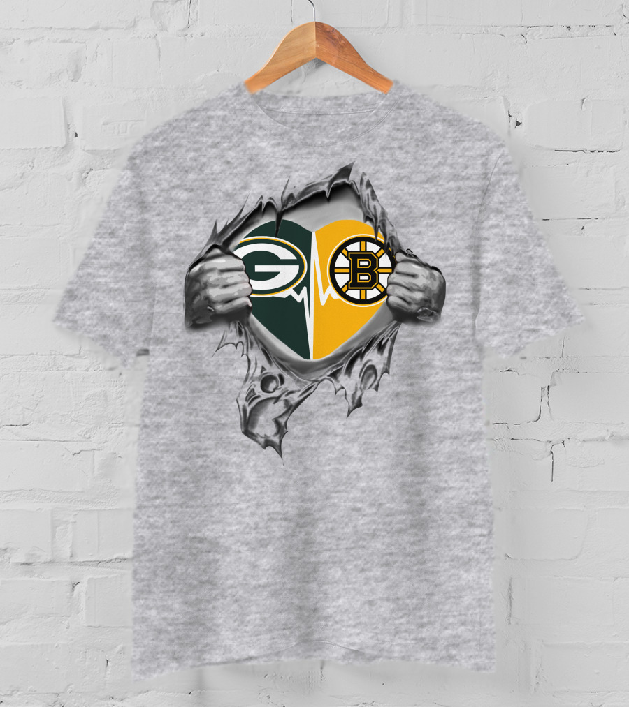Green Bay Packers Boston Bruins Heart Logo Fusion T-Shirt
