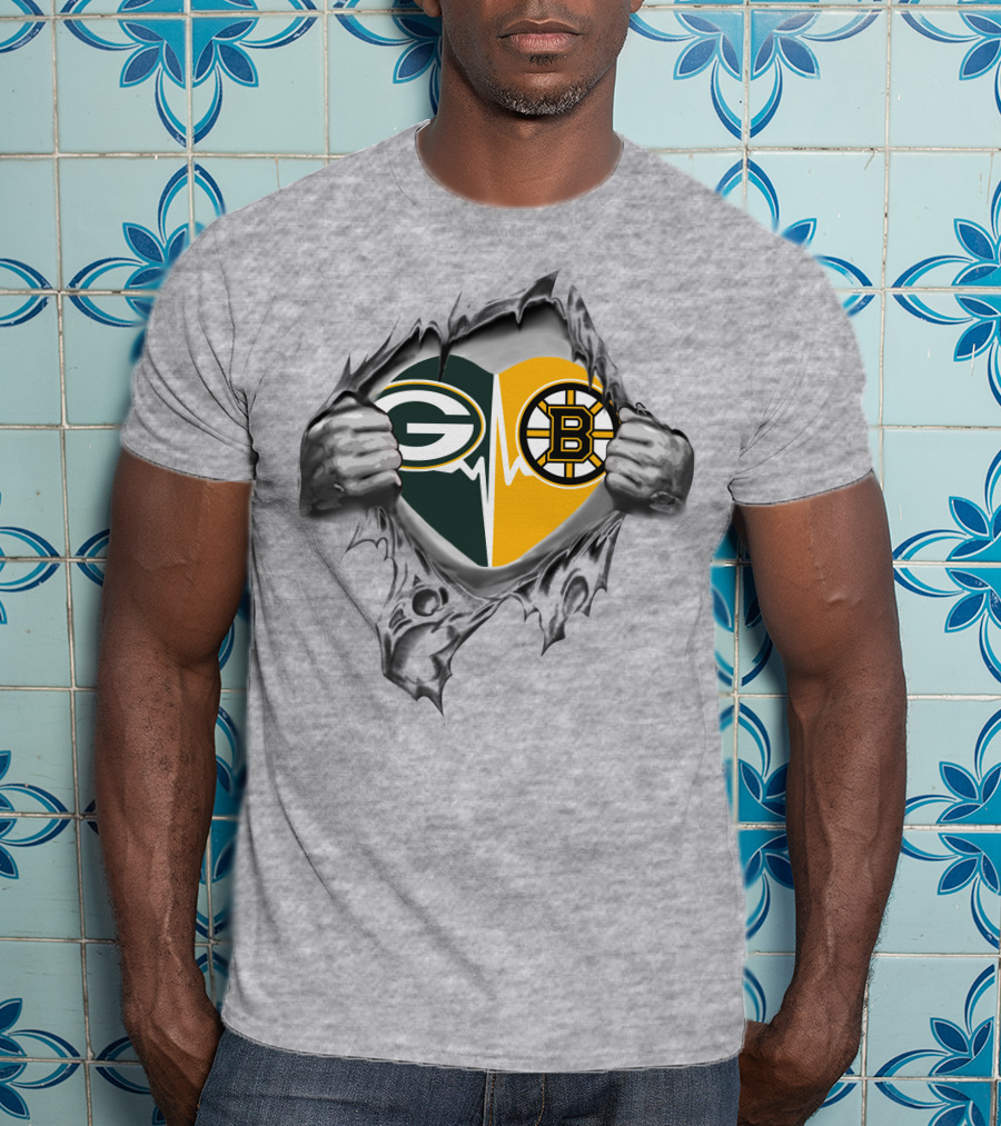 Green Bay Packers Boston Bruins Heart Logo Fusion T-Shirt
