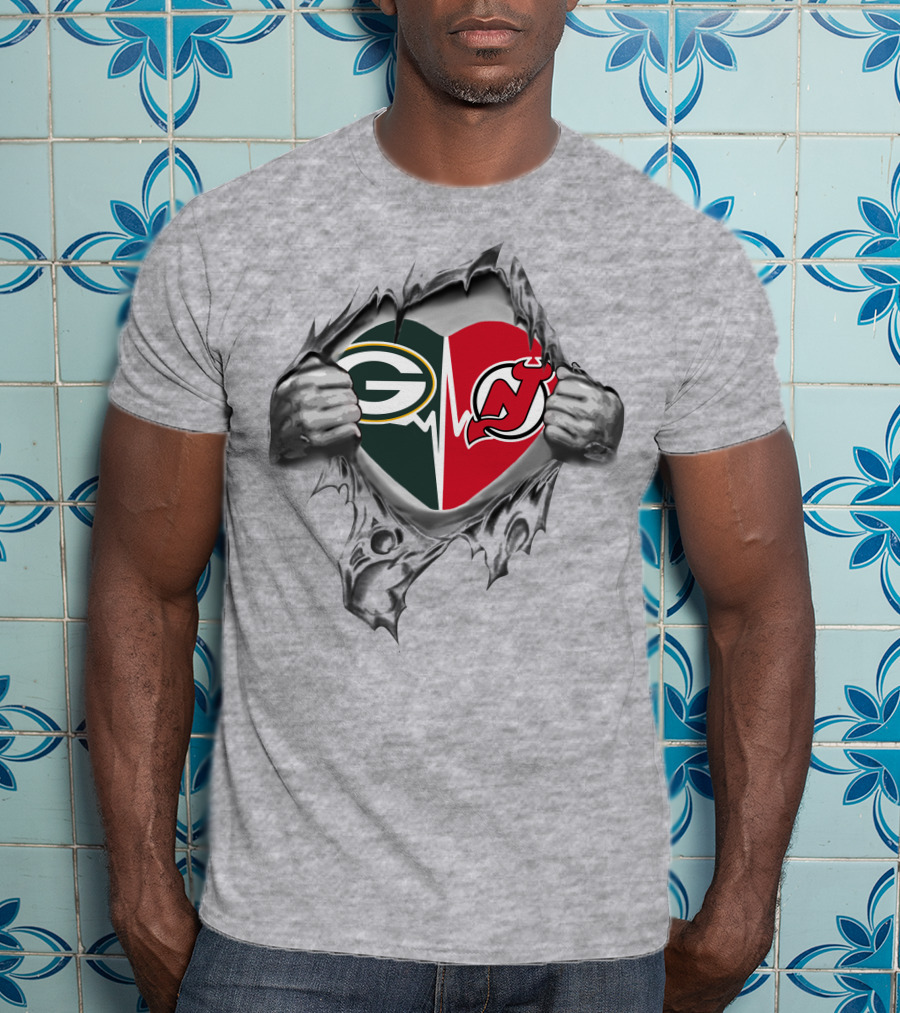 Green Bay Packers New Jersey Devils Heartbeat Dual Logo Tear T-Shirt