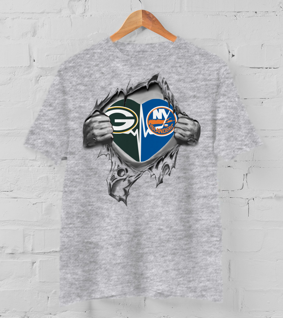 Green Bay Packers New York Islanders Heartbeat Fan Passion T-Shirt