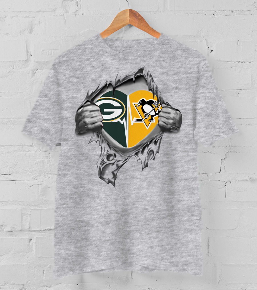 Green Bay Packers Pittsburgh Penguins Heartbeat Fusion T-Shirt