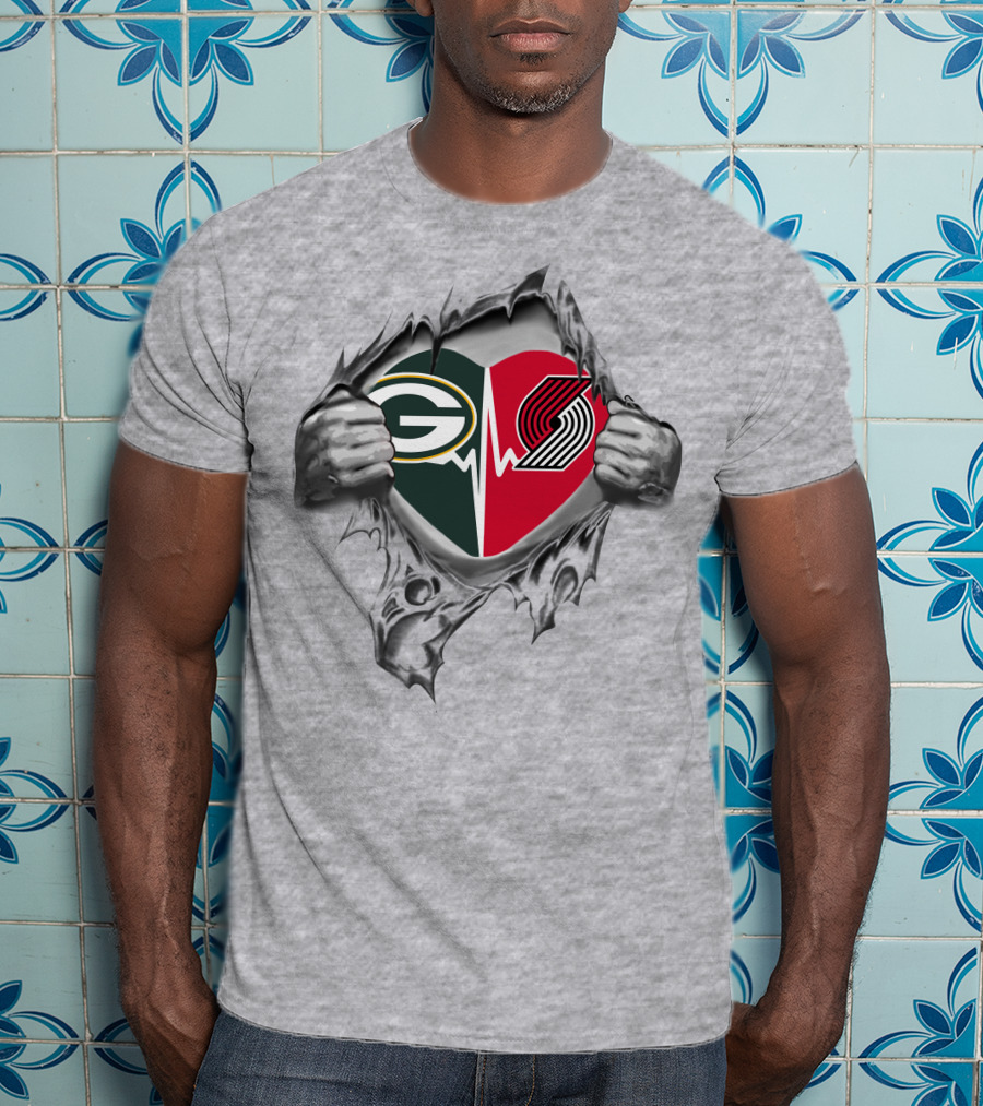 Green Bay Packers Portland Trail Blazers Heartbeat Rip Fan T-Shirt