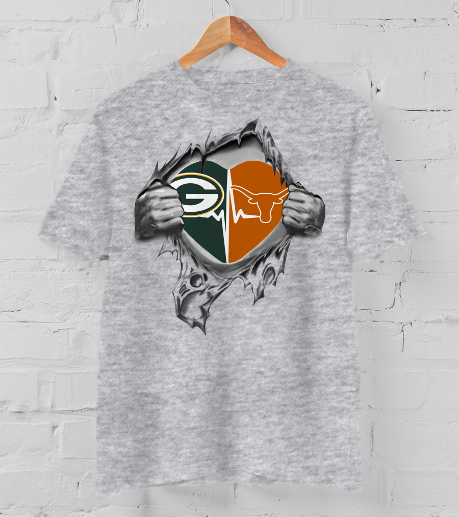 Green Bay Packers Heartbeat Texas Longhorns Logo Fusion T-Shirt