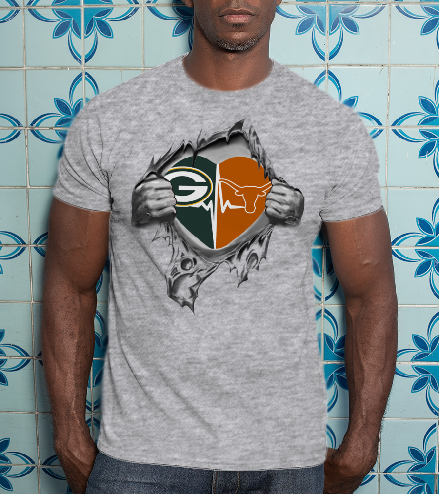 Green Bay Packers Heartbeat Texas Longhorns Logo Fusion T-Shirt