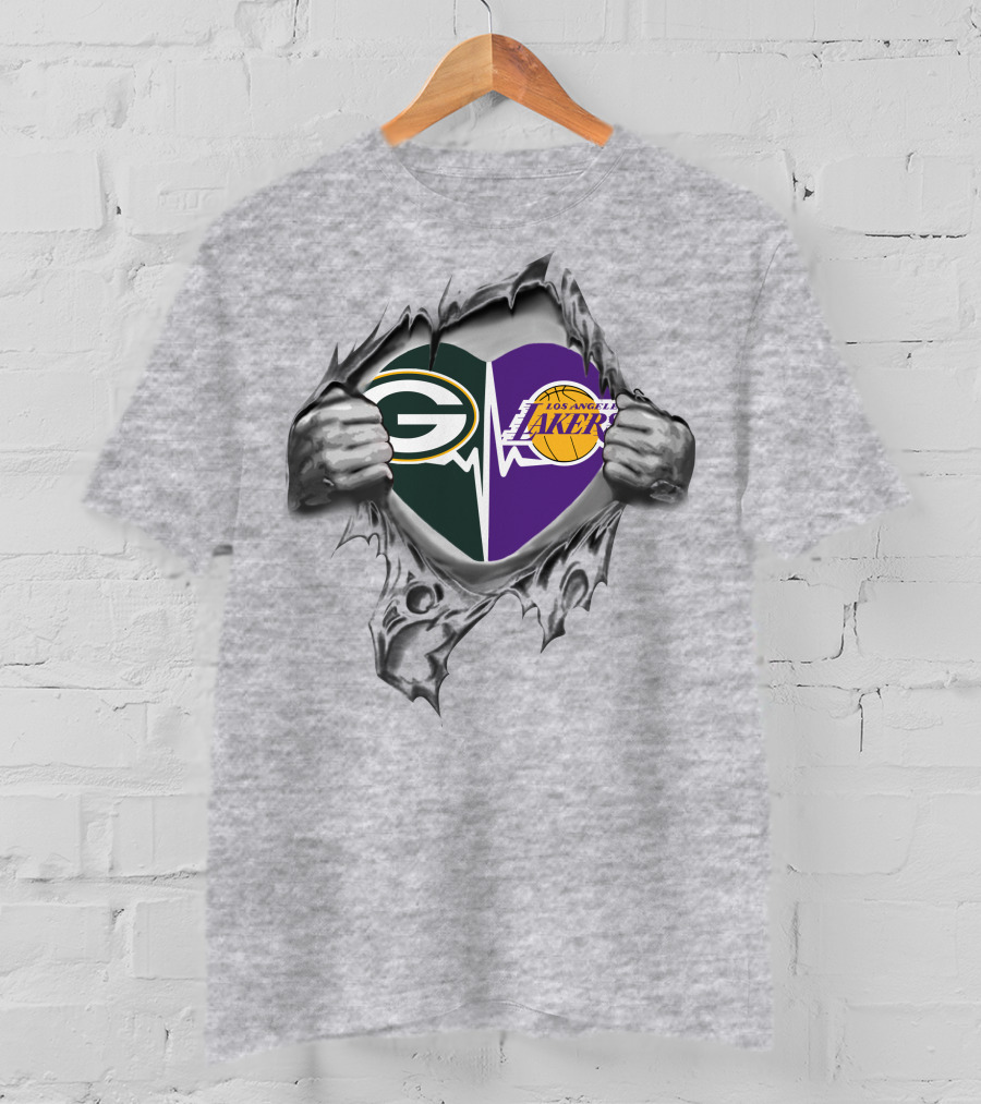 Green Bay Packers Los Angeles Lakers Heart Split Fan Pride T-Shirt