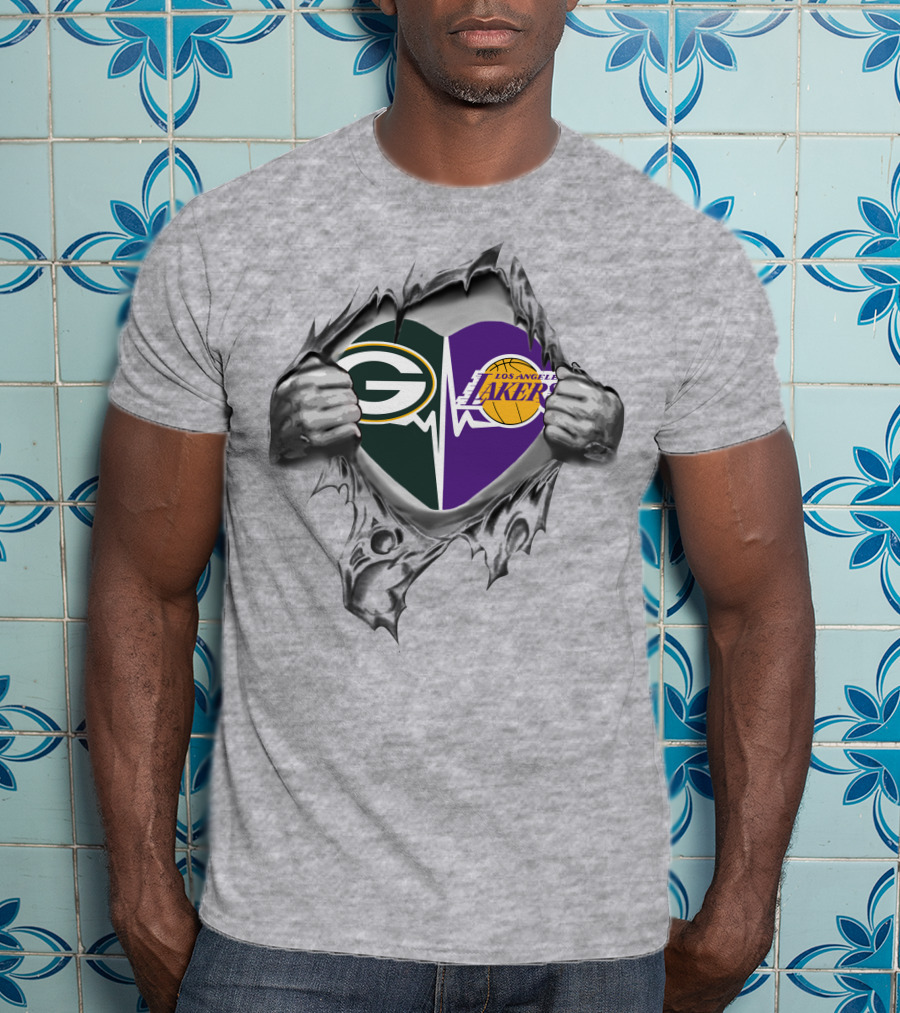 Green Bay Packers Los Angeles Lakers Heart Split Fan Pride T-Shirt