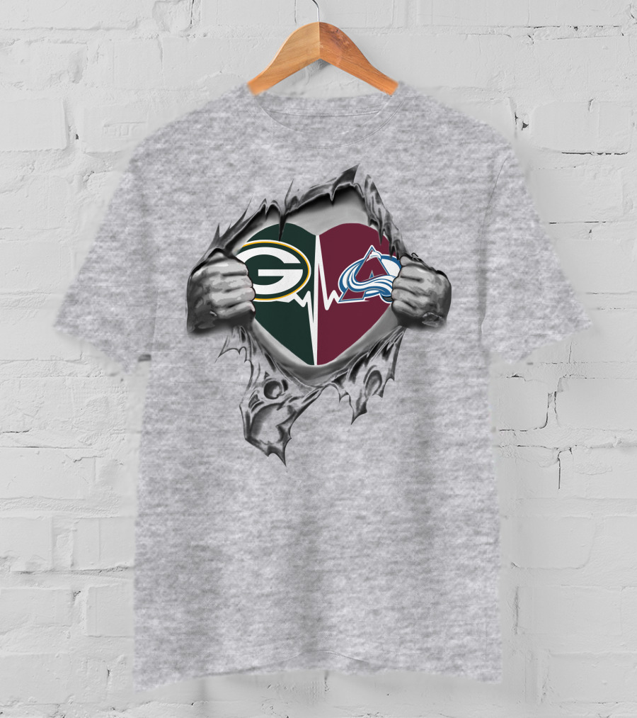 Green Bay Packers And Colorado Avalanche Heart With Silver Hands T-Shirt