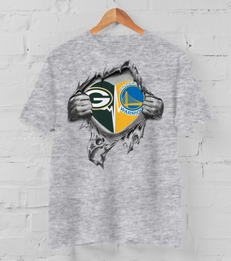 Green Bay Packers Golden State Warriors Logos In Torn T-Shirt