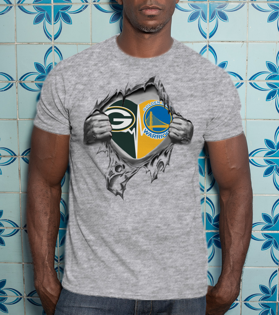 Green Bay Packers Golden State Warriors Logos In Torn T-Shirt