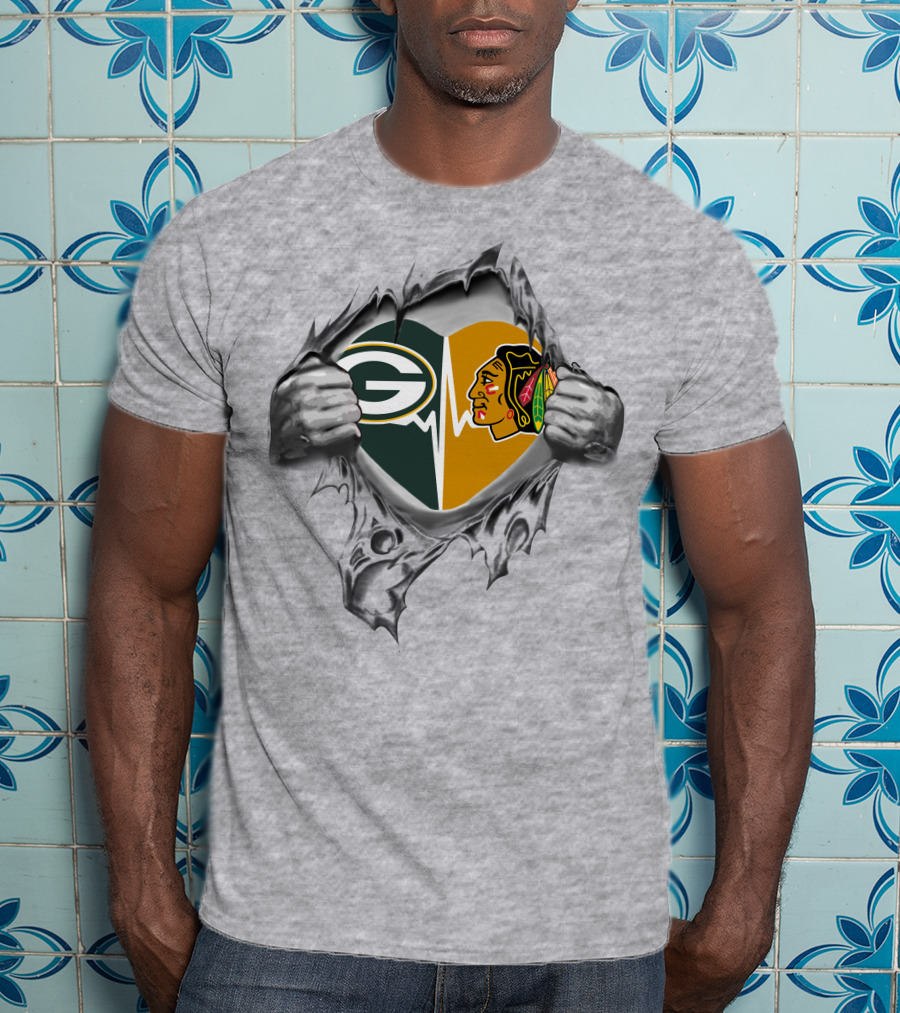 Green Bay Packers Chicago Blackhawks Heartbeat Rip T-Shirt