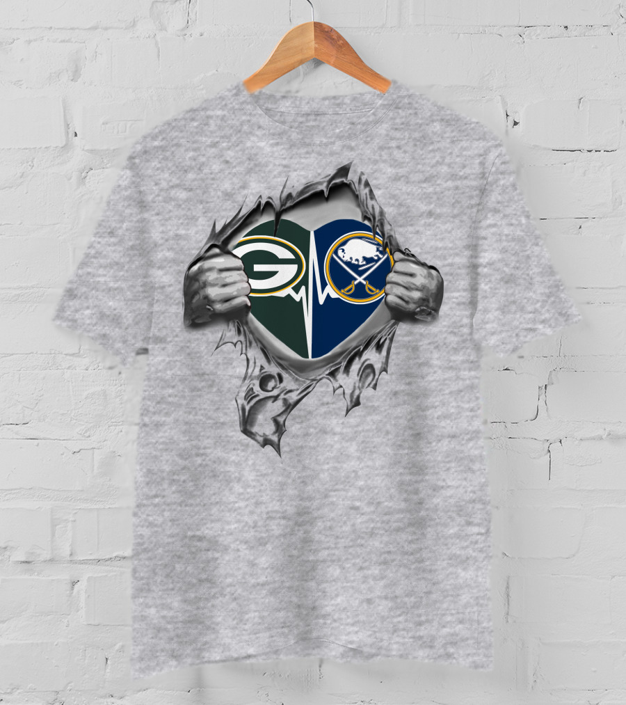 Green Bay Packers Buffalo Sabres Heart Logo Tear T-Shirt