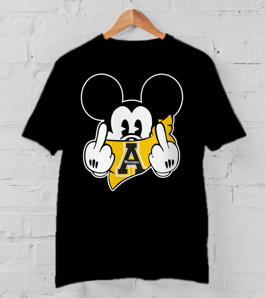 Appalachian State Mountaineers Mickey Iconic Gesture Black And Yellow Graphics T-Shirt