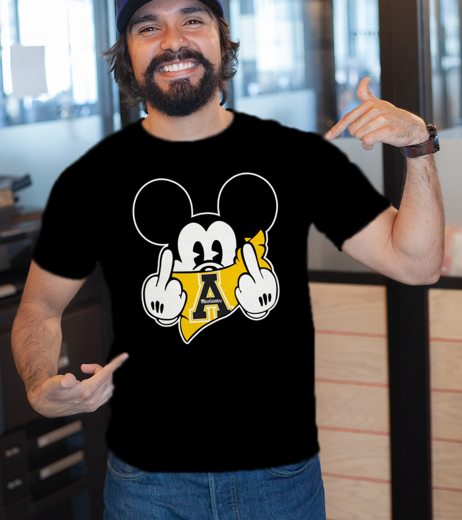 Appalachian State Mountaineers Mickey Iconic Gesture Black And Yellow Graphics T-Shirt
