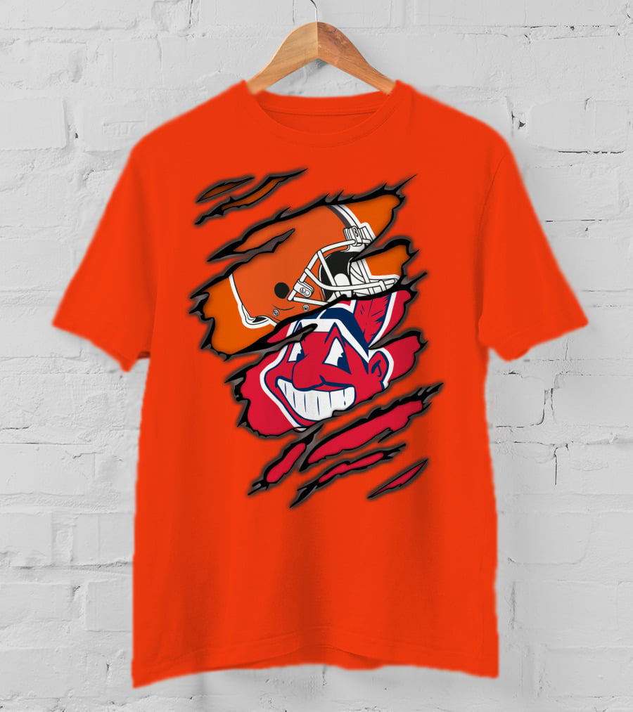 Cleveland Browns Helmet Retro Indians Chief Wahoo Claw Marks Logo Combination T-Shirt