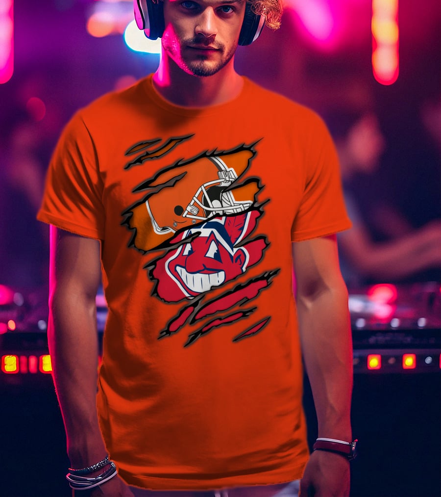 Cleveland Browns Helmet Retro Indians Chief Wahoo Claw Marks Logo Combination T-Shirt