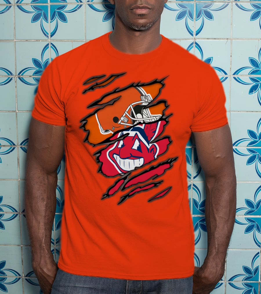 Cleveland Browns Helmet Retro Indians Chief Wahoo Claw Marks Logo Combination T-Shirt