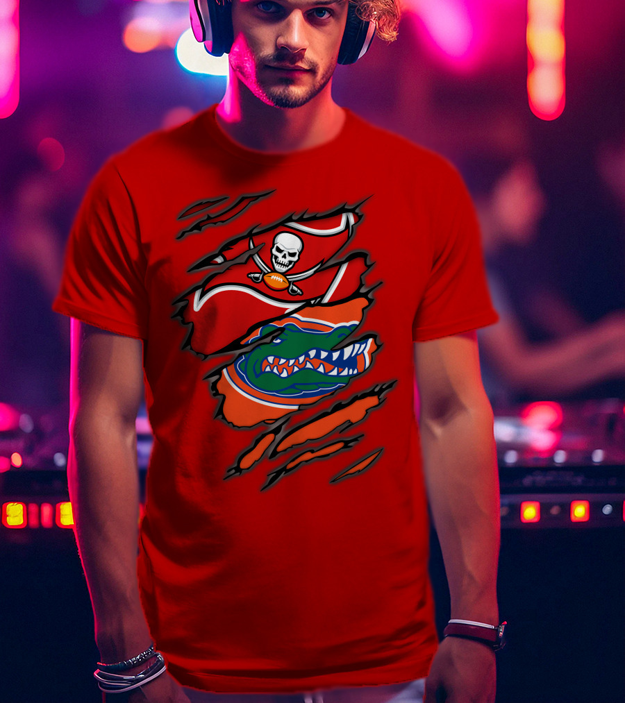 Buccaneers Gators Skull Football And Alligator Dual Logo Burst T-Shirt