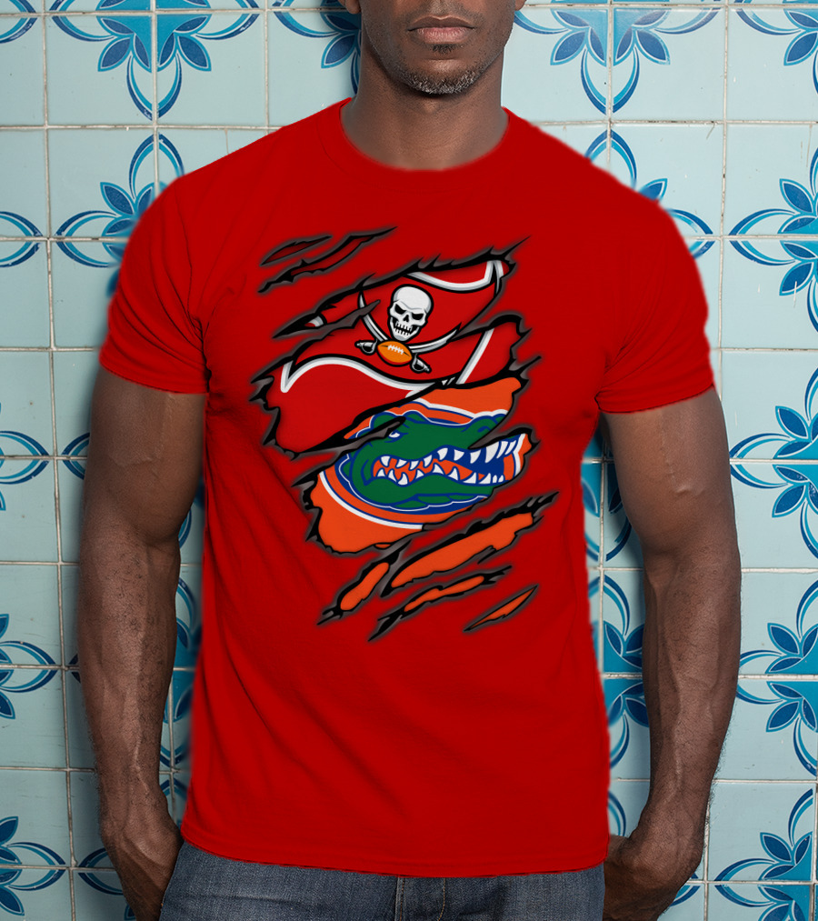 Buccaneers Gators Skull Football And Alligator Dual Logo Burst T-Shirt