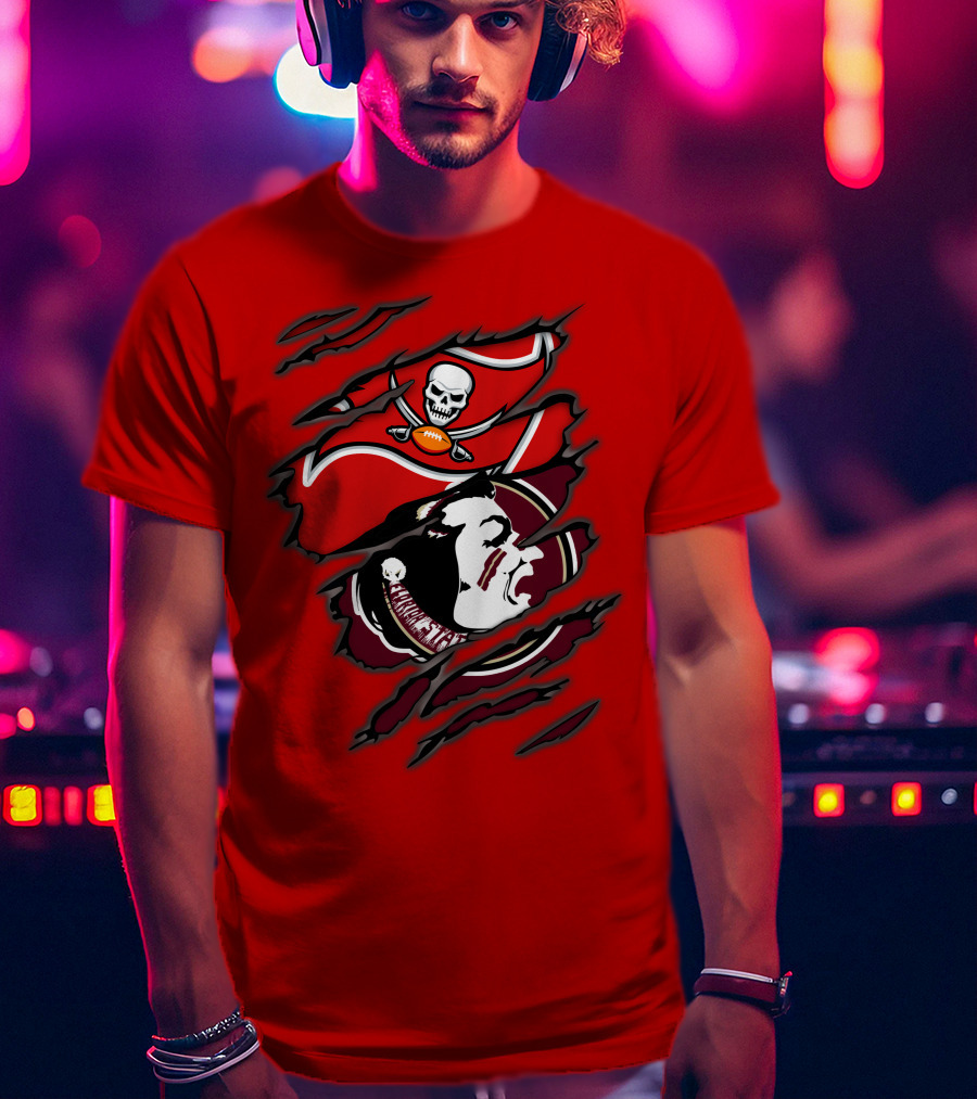 Buccaneers Seminoles Skull And Tomahawk Football Fusion T-Shirt