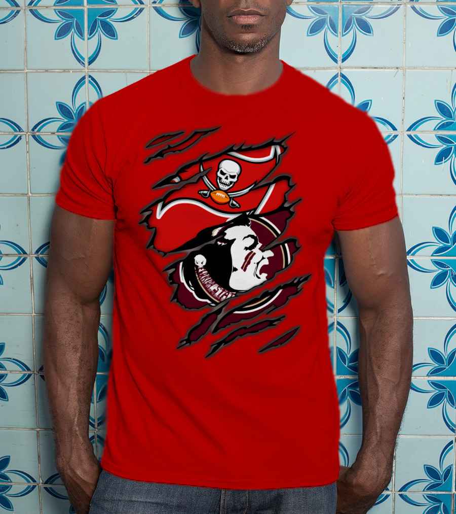 Buccaneers Seminoles Skull And Tomahawk Football Fusion T-Shirt