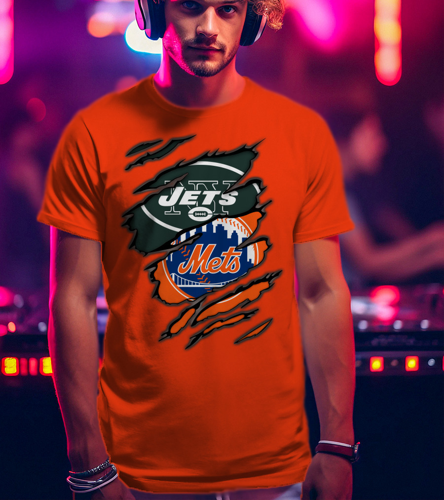 Jets Mets Nfl Mlb Ripped Logo Fusion T-Shirt