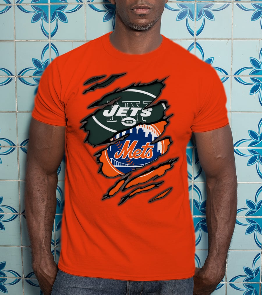 Jets Mets Nfl Mlb Ripped Logo Fusion T-Shirt