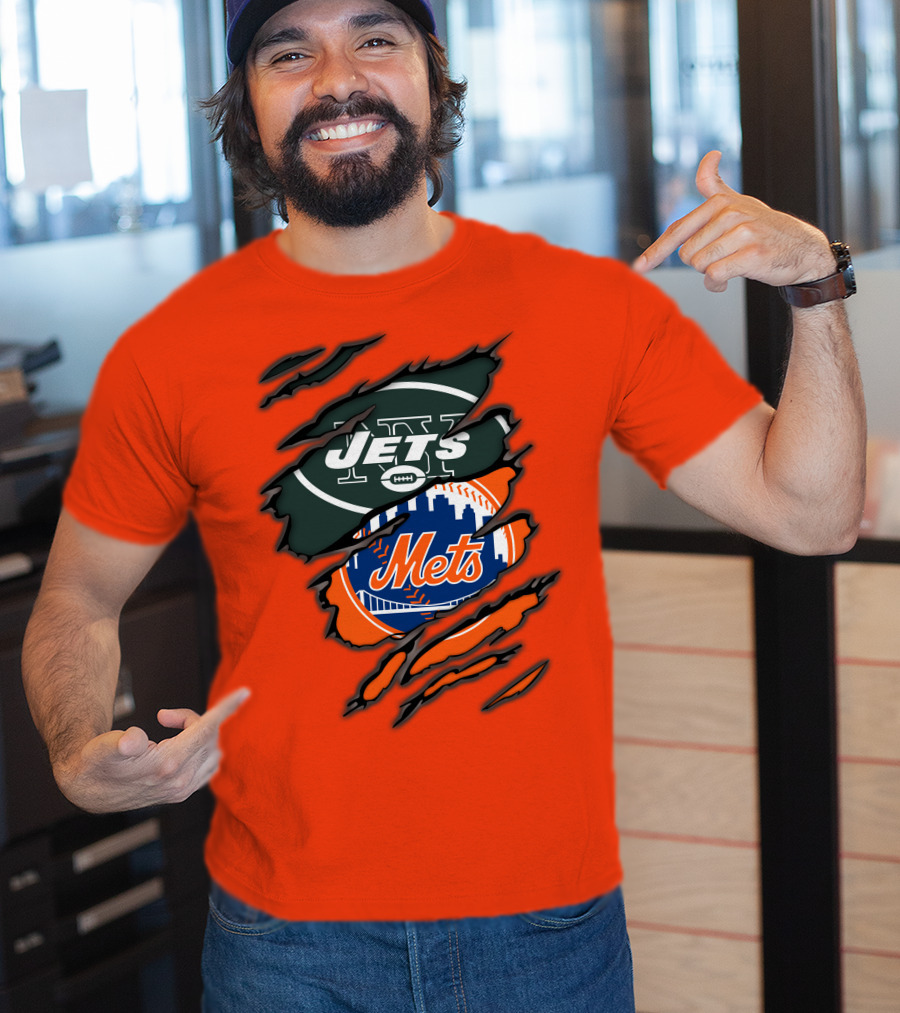 Jets Mets Nfl Mlb Ripped Logo Fusion T-Shirt