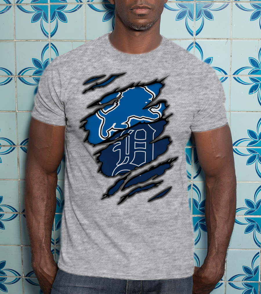 Detroit Lions Tigers Blue Claw Marks T-Shirt