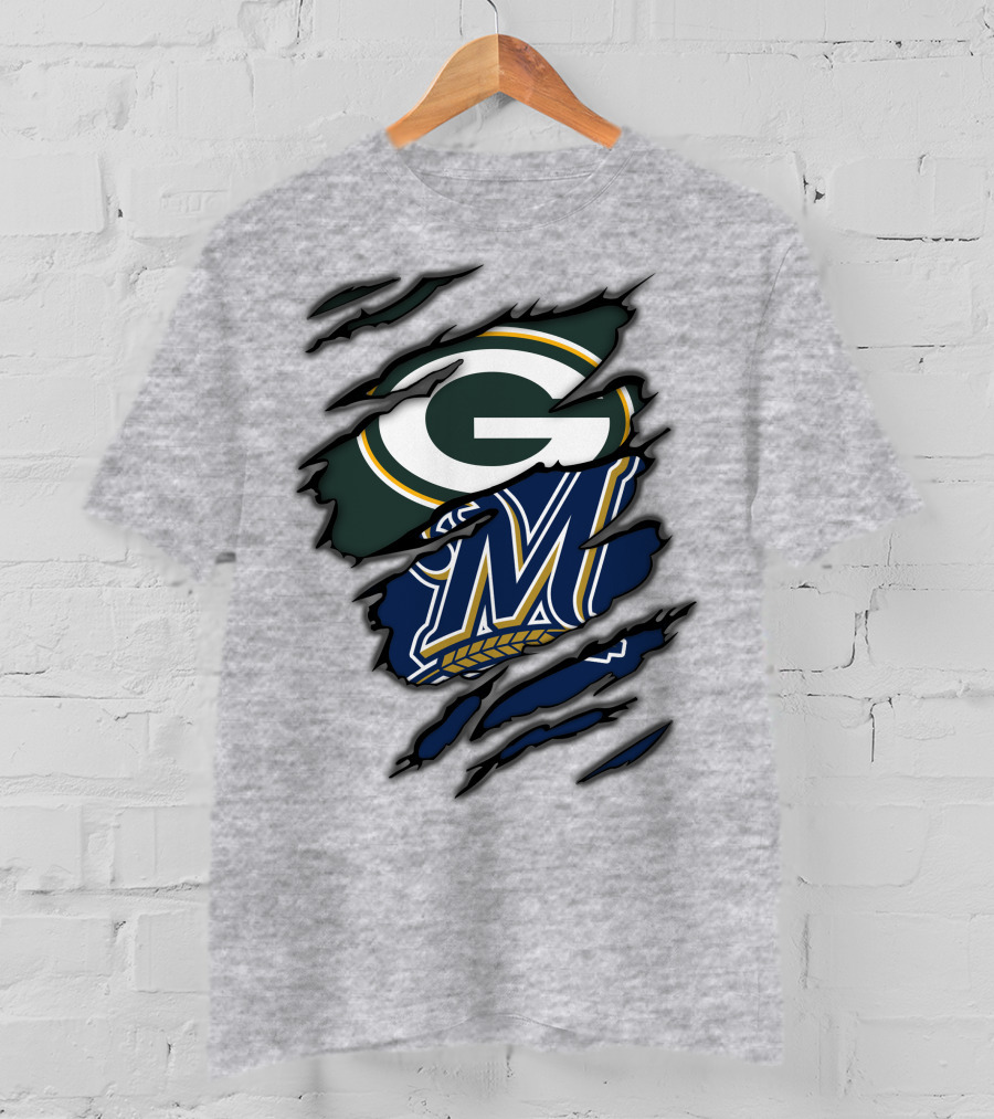 Green Bay Packers Milwaukee Brewers Logos Torn Claw Marks T-Shirt