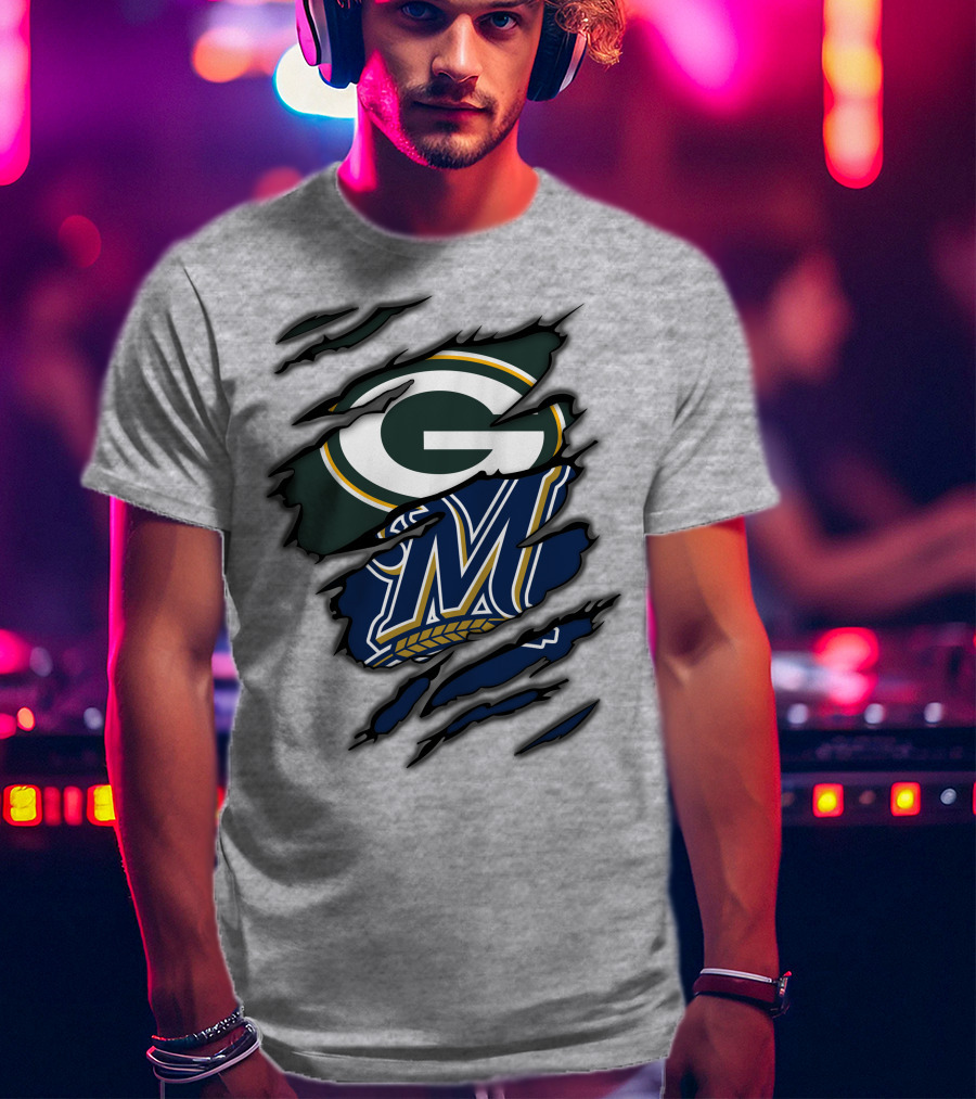 Green Bay Packers Milwaukee Brewers Logos Torn Claw Marks T-Shirt