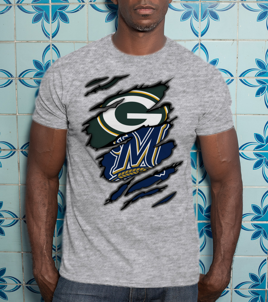 Green Bay Packers Milwaukee Brewers Logos Torn Claw Marks T-Shirt