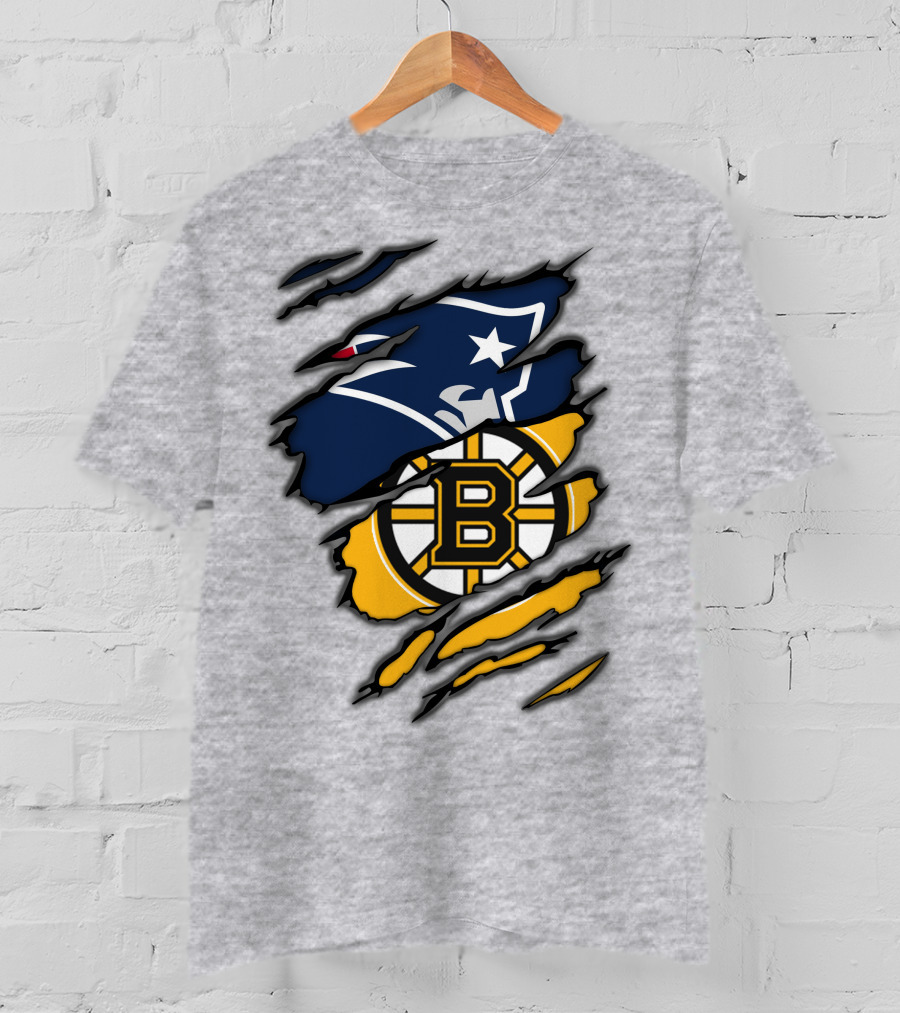 Patriots Bruins New England Football Boston Hockey Fan Collaboration T-Shirt