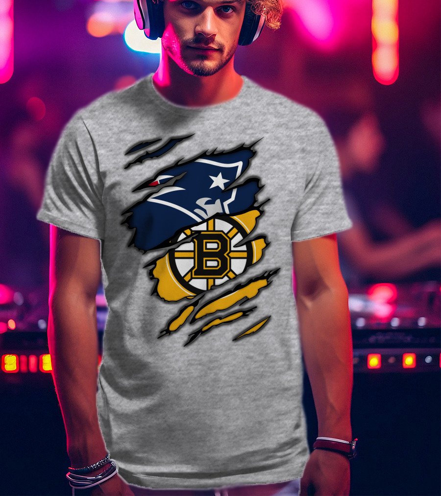 Patriots Bruins New England Football Boston Hockey Fan Collaboration T-Shirt