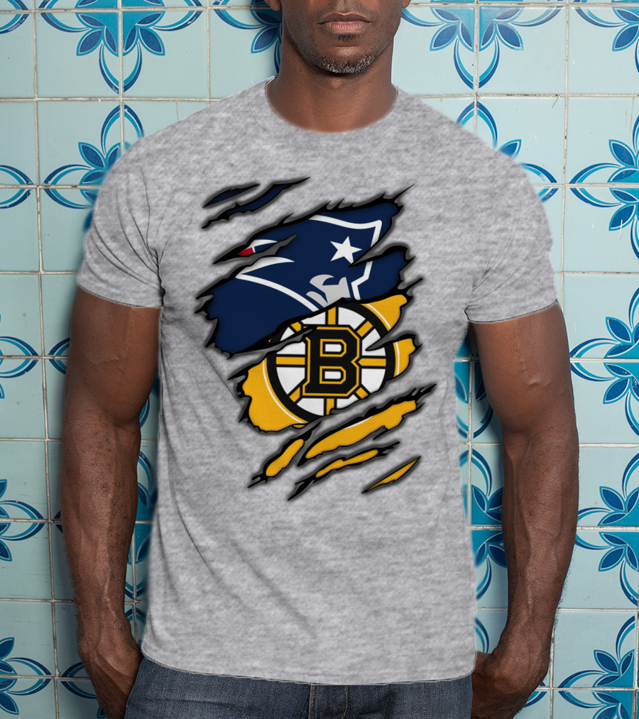 Patriots Bruins New England Football Boston Hockey Fan Collaboration T-Shirt