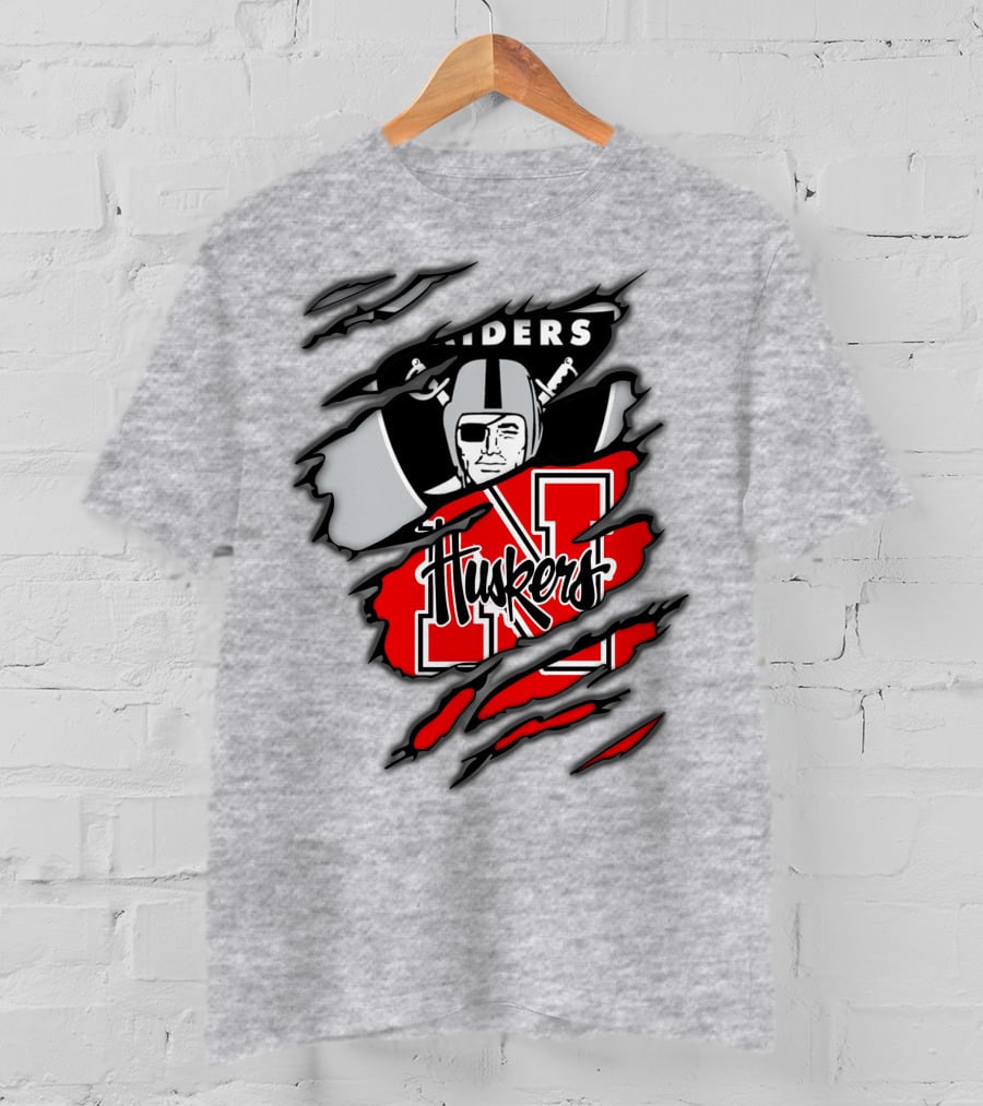 Raiders Huskers Torn Design With Icons And Symbols T-Shirt