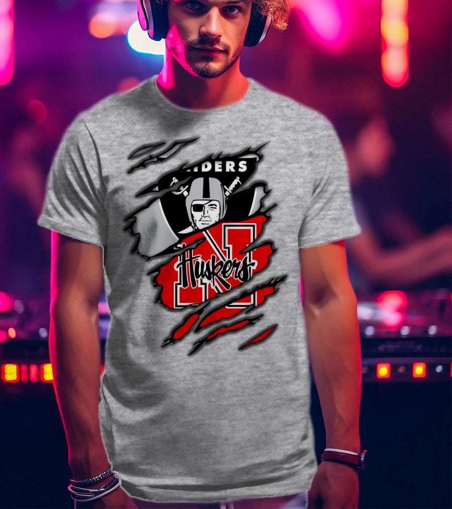 Raiders Huskers Torn Design With Icons And Symbols T-Shirt