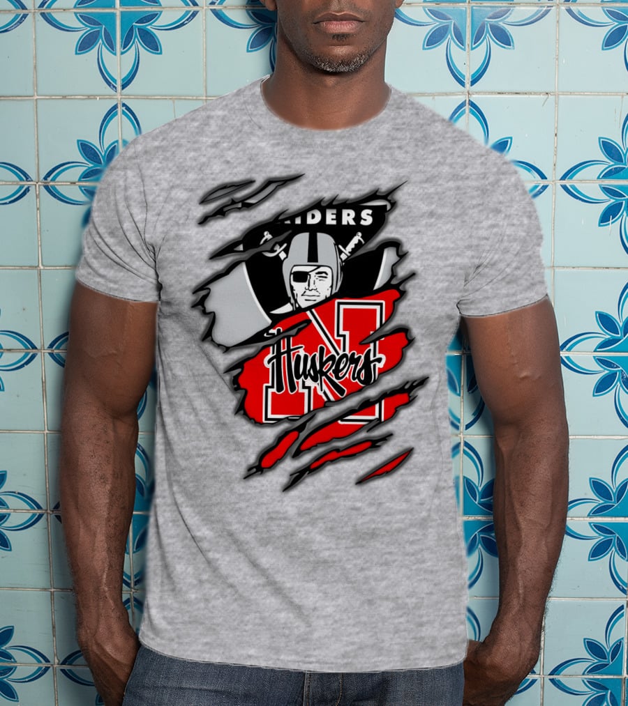 Raiders Huskers Torn Design With Icons And Symbols T-Shirt
