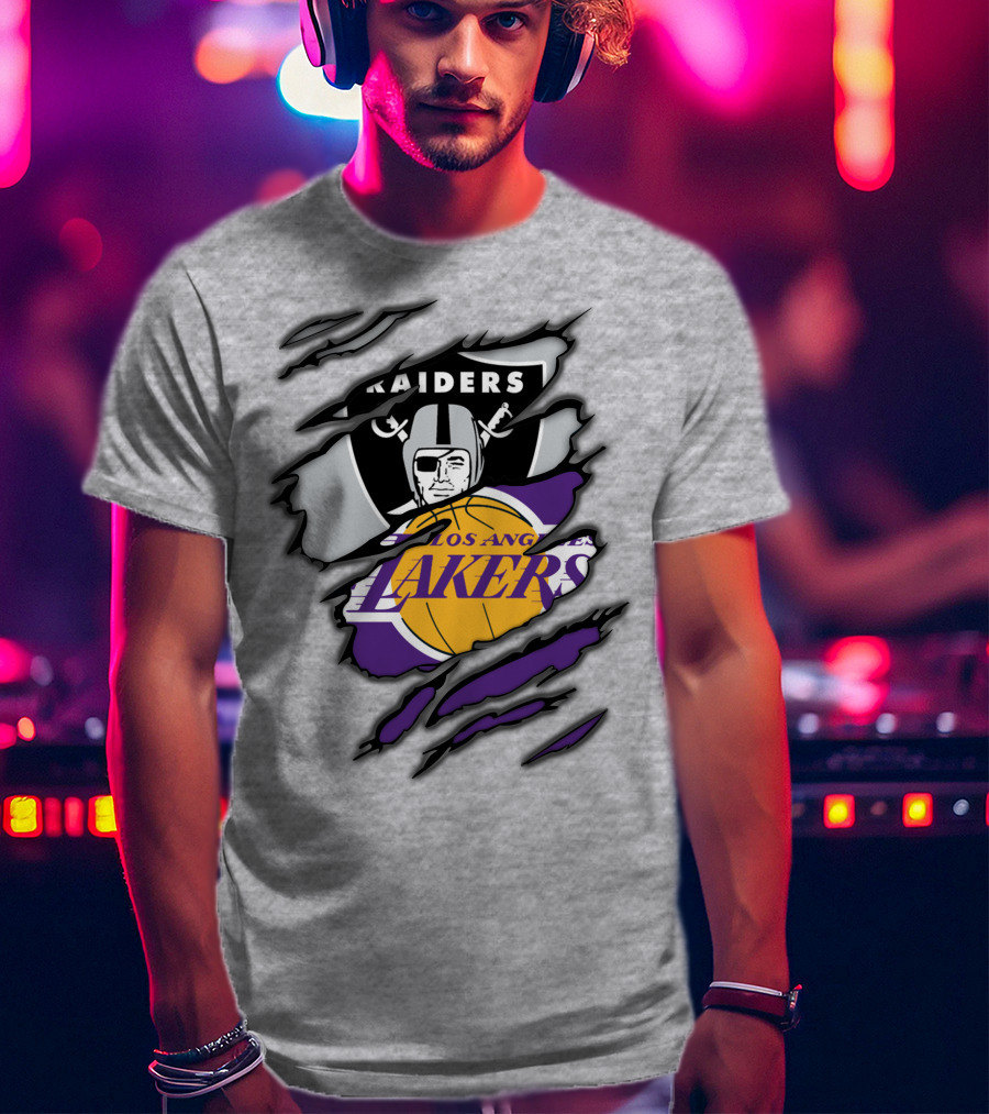 Raiders Los Angeles Lakers Basketball Football Fan Mashup T-Shirt