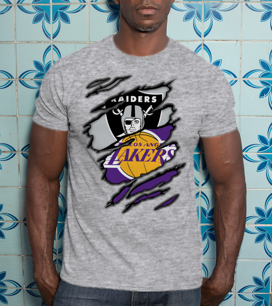 Raiders Los Angeles Lakers Basketball Football Fan Mashup T-Shirt