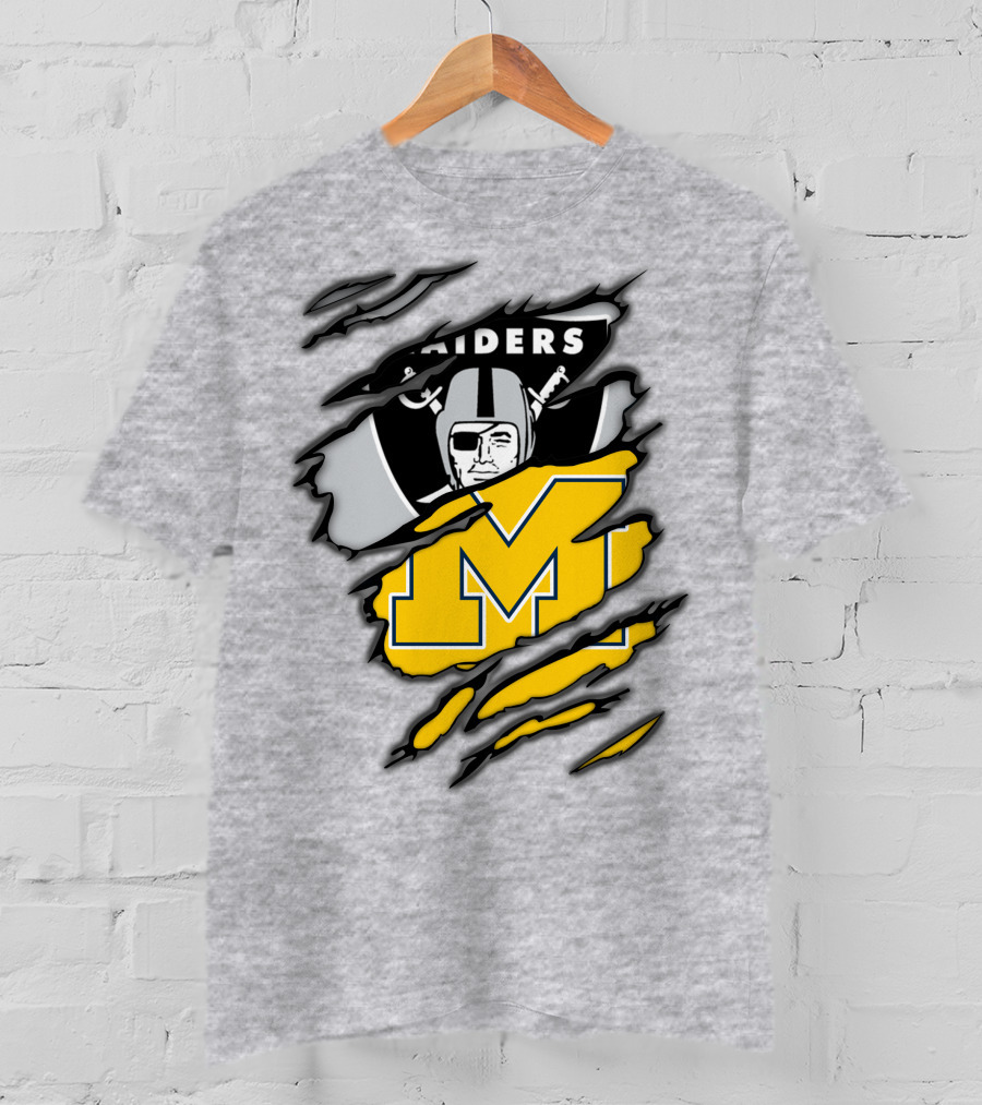 Raiders Logo With Michigan Block M Torn Overlay T-Shirt