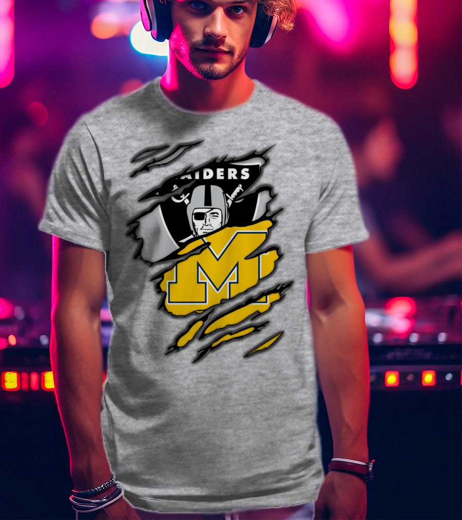 Raiders Logo With Michigan Block M Torn Overlay T-Shirt