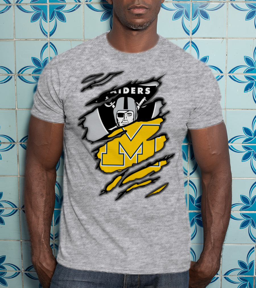 Raiders Logo With Michigan Block M Torn Overlay T-Shirt