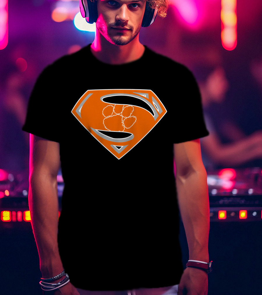 Superman Logo With Clemson Tigers Paw T-Shirt